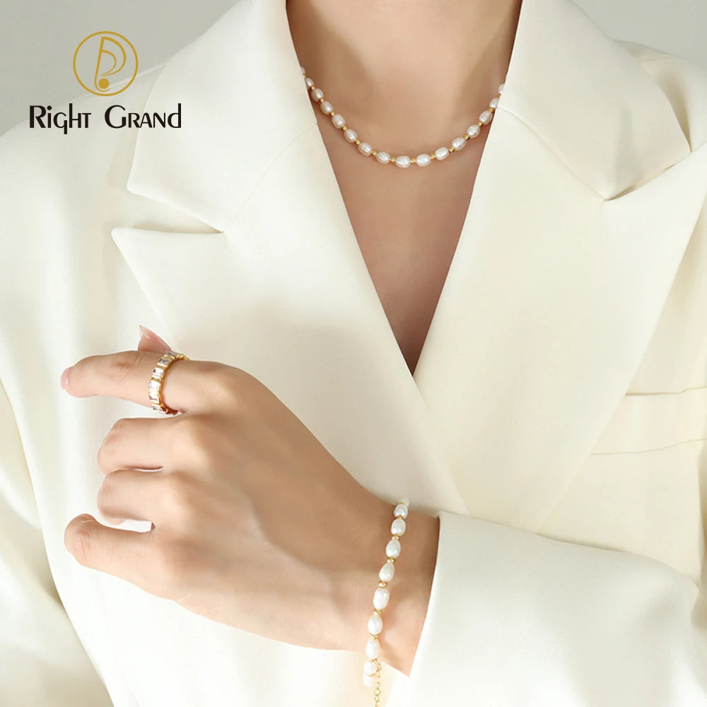 Baroque Style 18K Gold Plated Stainless Steel Beaded Necklace FreshWater Pearl Choker Necklace Bracelet Set