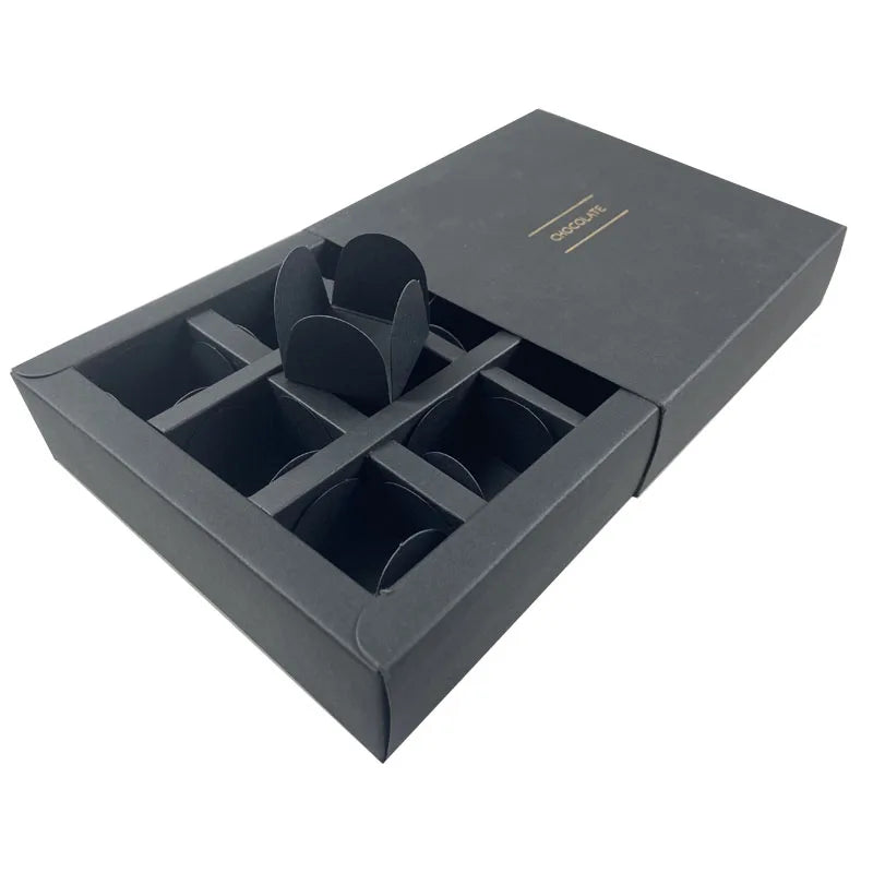 Diy 9 Sets Black Elegant Empty Chocolate Truffle Boxes with Gold Foil logo