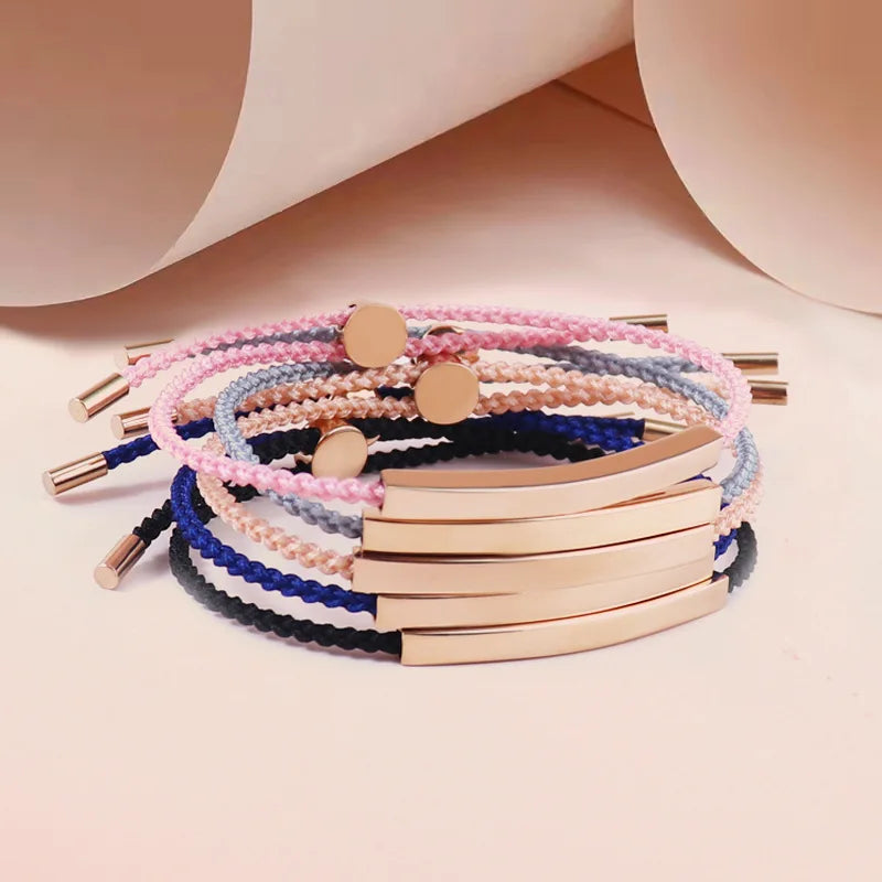 New Design Customize Blank Stainless Steel Engraving Ball Rose Gold Plated Crystal Rhinestone Adjustable Bracelet Weaving Bangle