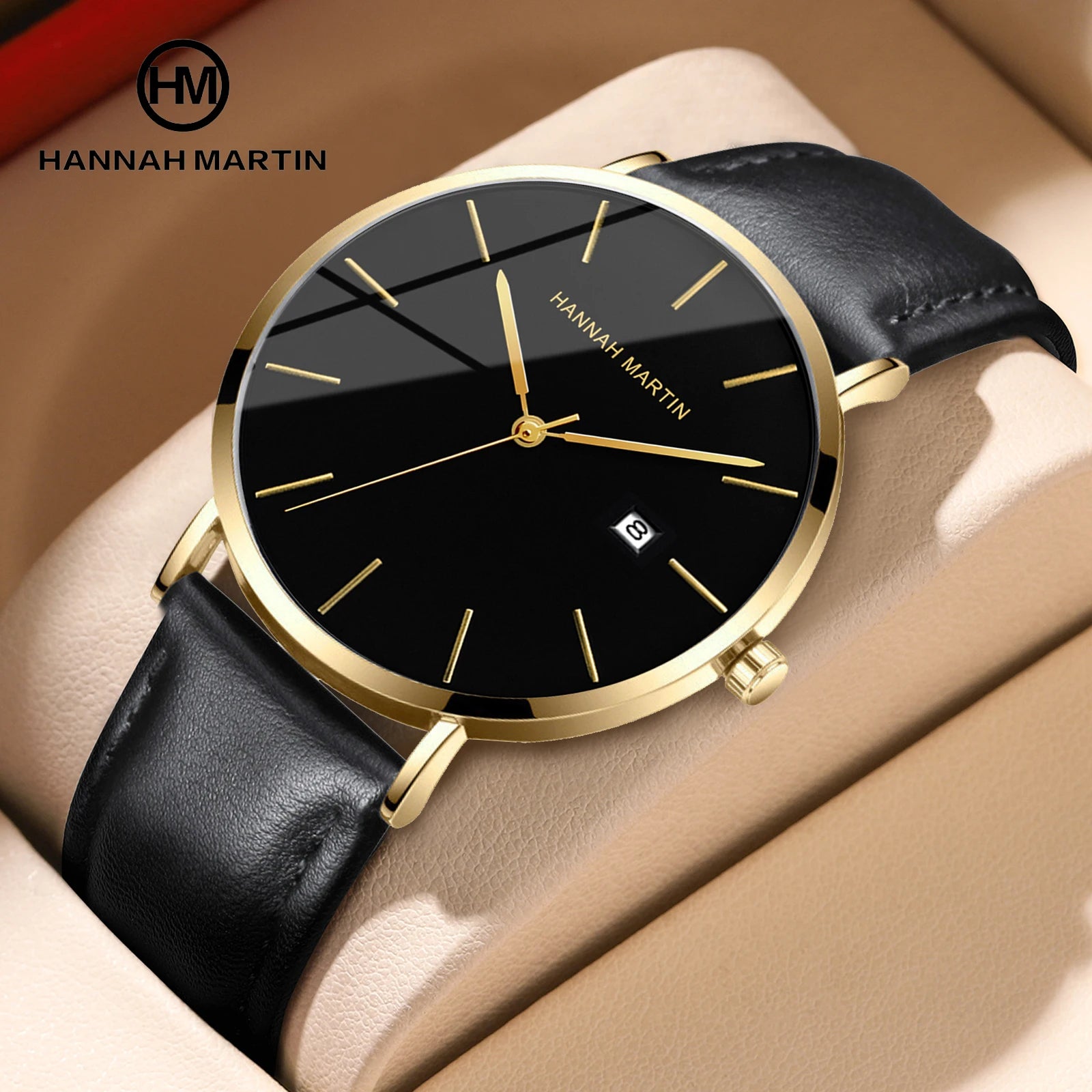 Hannah Martin Men's Business Watch Custom Logo Minimalist Japanese Quartz Movement Waterproof Calendar Leather Strap 40mm Watch