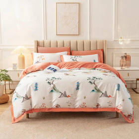 Pastoral Style Orange Printing Duvet Cover Queen Size100% Cotton pink Flower Quilt Cover Home Textile Bedding Sets Supplier
