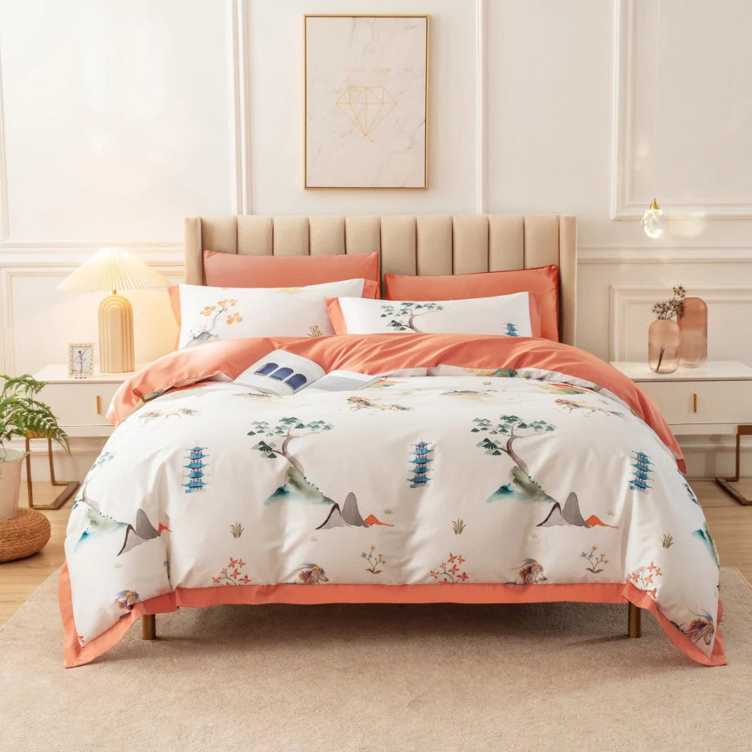Pastoral Style Orange Printing Duvet Cover Queen Size100% Cotton pink  Flower Quilt Cover Home Textile Bedding Sets Supplier