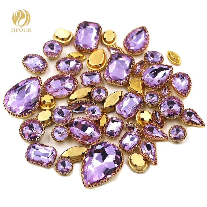 HFour New Arrival Violet Mixed Crystal Sew-on 3D Glass Loose Rhinestones with Golden Lace Claw for DIY Dress & Bags Decoration