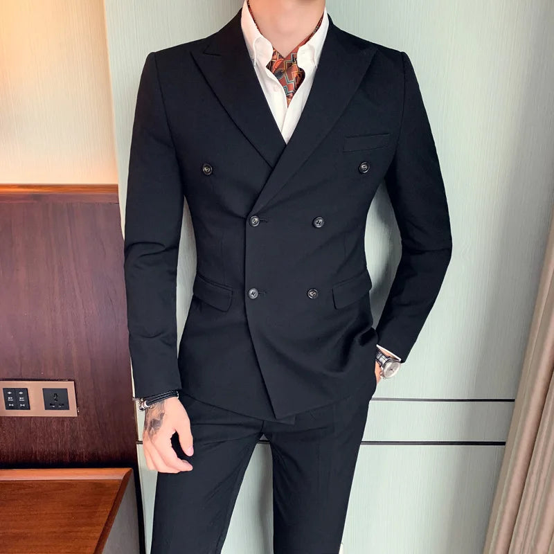Double Breasted Suit for Men Slim Korean Fashion Casual Handsome Groom Wedding Suit Jacket Spring Autumn