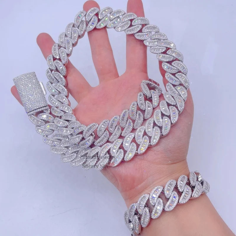 18mm Thick Heavy Solid Silver Rose Gold Rapper Jewelry baguette Cut Cuban Chain Necklace and Bracelet