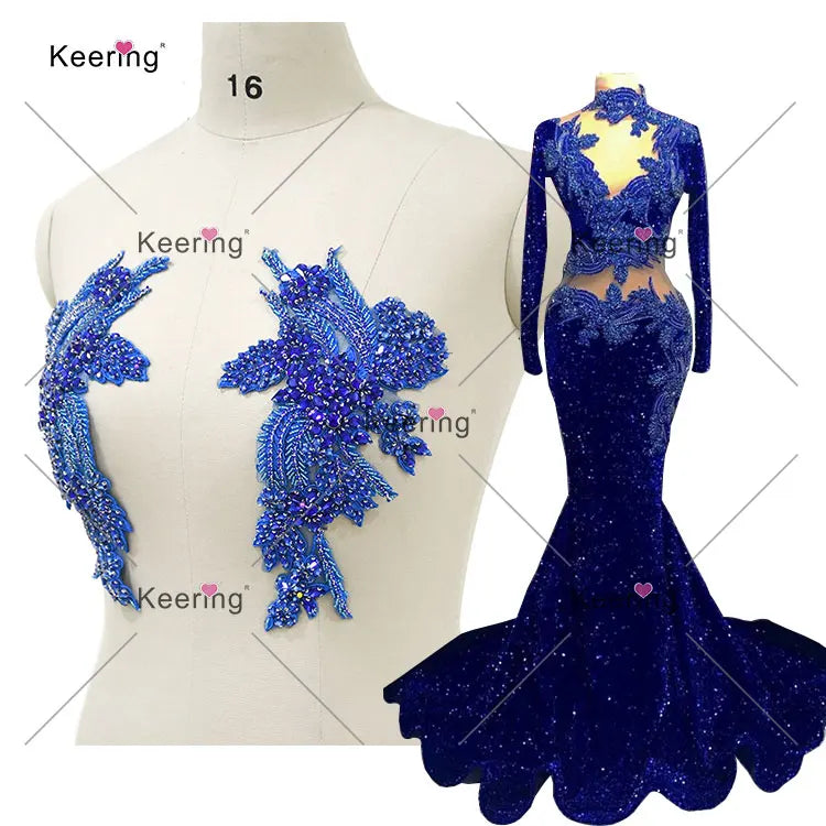 WDP-296 New Coming Wholesale Popular Blue Glass Stone Crystal Rhinestone Applique Patch