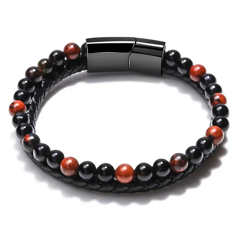 Handmade Black Magnetic Buckle Beaded Bracelets Natural Stone Beads Weave Leather Bracelet for Men Fathers Day Gifts