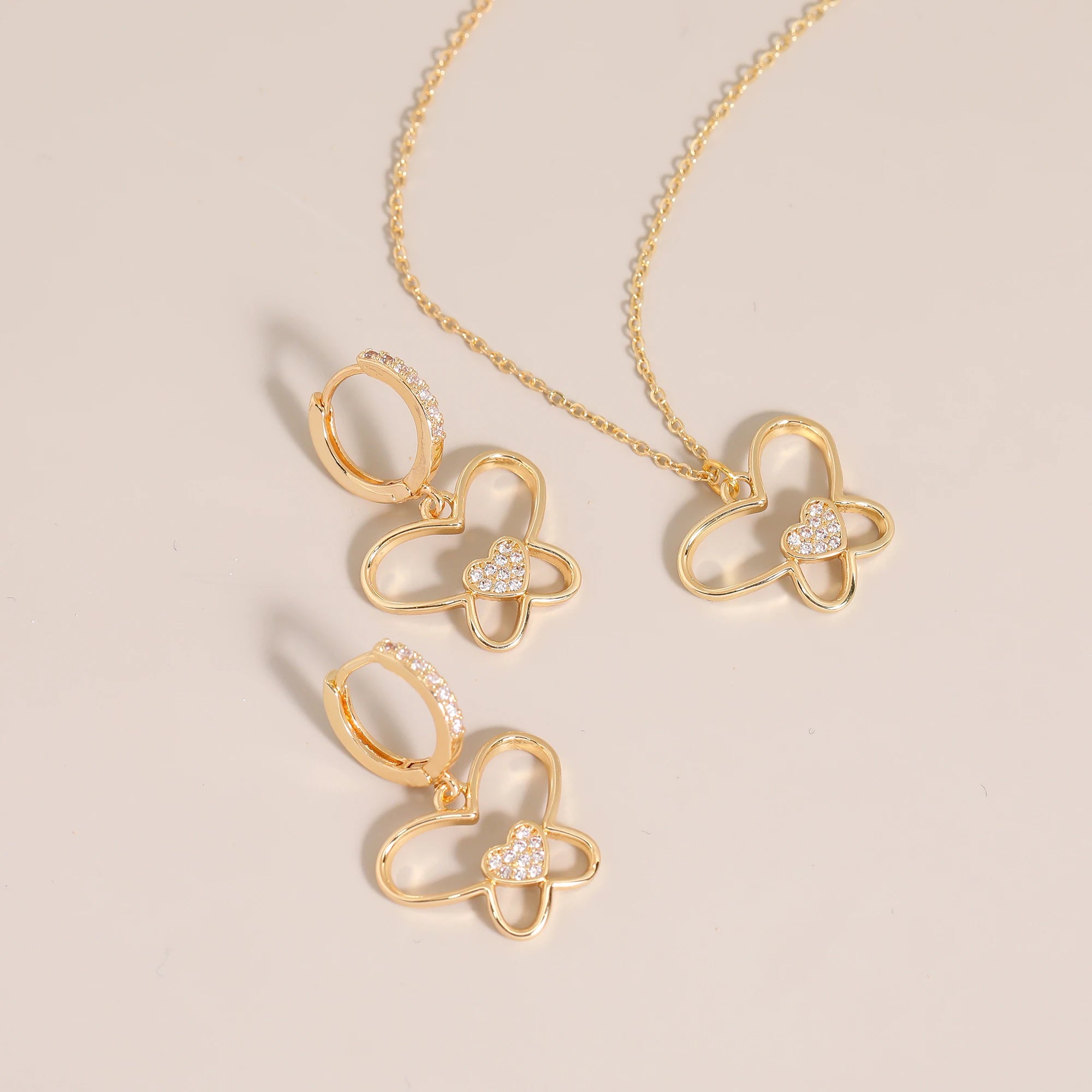 18K Gold Plated Copper Jewelry Set Great Wedding & Party Gift Idea Butterfly Earrings & Necklace with Zircon Beautiful for Women