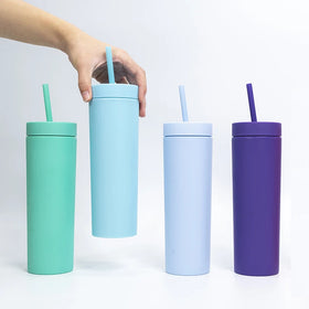 Elegant Reusable Hard Plastic Double Wall Cup 16oz Skinny Acrylic Tumbler Cup With Straw and Lid