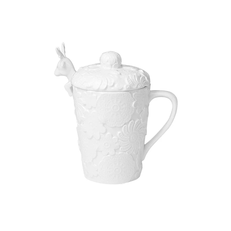 Solhui Ceramic Reindeer Design Mug with Spoon Vintage White Coffee Mugs with Lid Creative Christmas Novelty Gift Holiday Mug