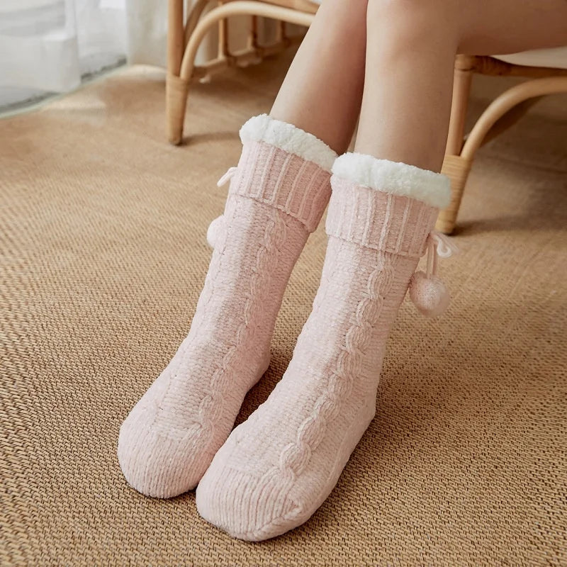 Female Anti-Slip Argyle Pattern Knitted Winter Warm Fleece Lined Stockings Slipper Socks with Pom-poms