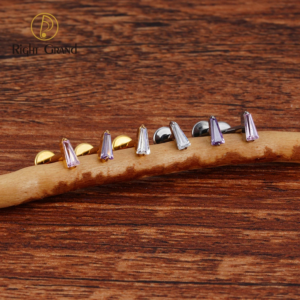ASTM F136 Titanium 16G Trapezoid CZ Labret Stud Earring Geometric Tragus Helix Cartilage Ear Lobe Piercing