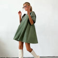 Casual High Waist Flared a Line Chic Patchwork PU Leather Puff Sleeve Green Women's Dress Short Suede Dresses