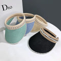 Go Party Luxury Pearl Straw Hats Lace Daily/Casual Outdoor Wide Brim Pearl Empty Top Sun Visor Travel Seaside Summer Sunscreen