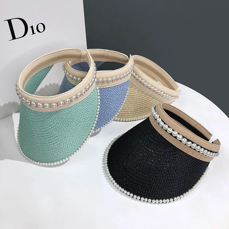Go Party Luxury Pearl Straw Hats Lace Daily/Casual Outdoor Wide Brim Pearl Empty Top Sun Visor Travel Seaside Summer Sunscreen