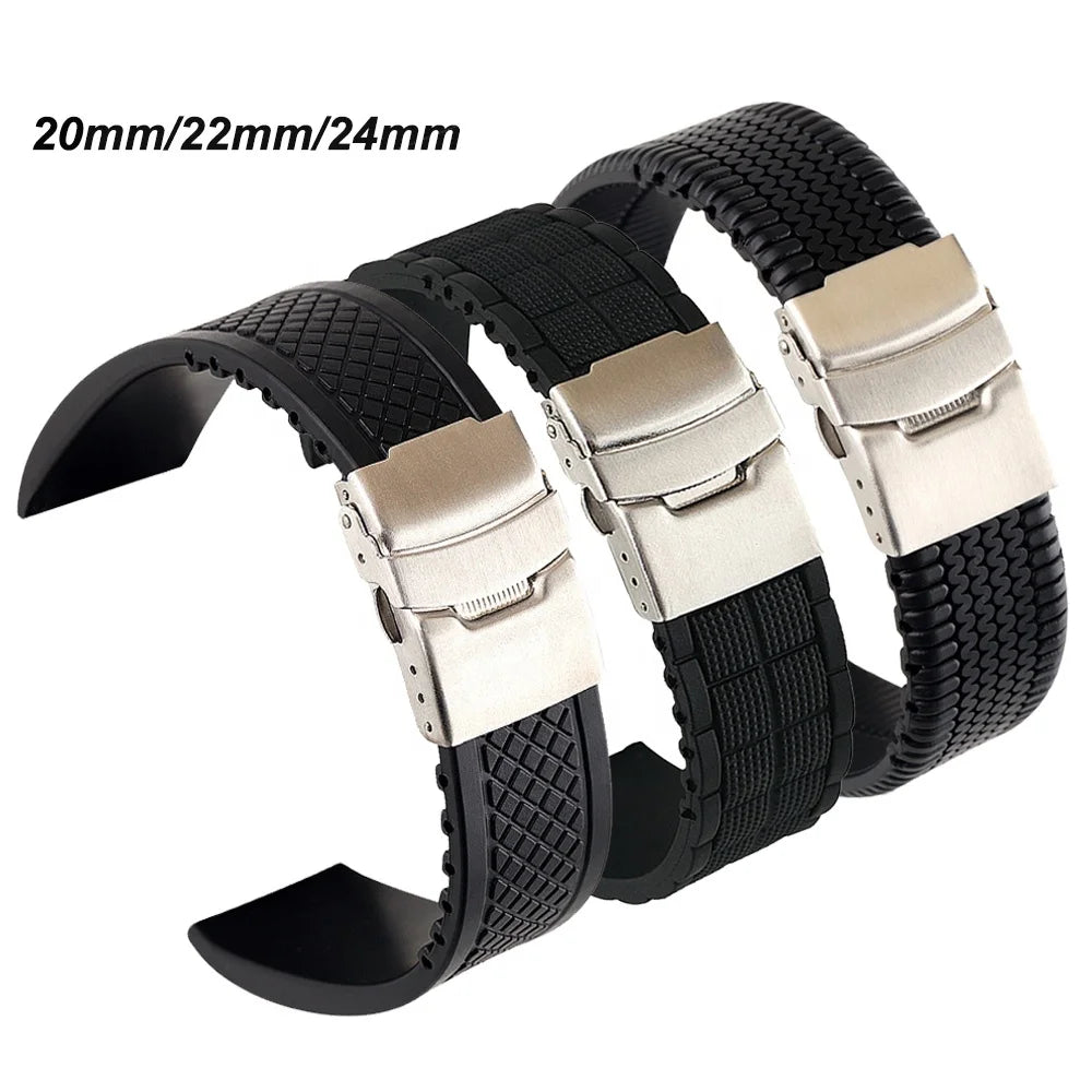 Black Silicone Watch Band for Men & Women 20mm 22mm 24mm Waterproof Folding Buckle Wrist Strap Bracelet Sport Accessory