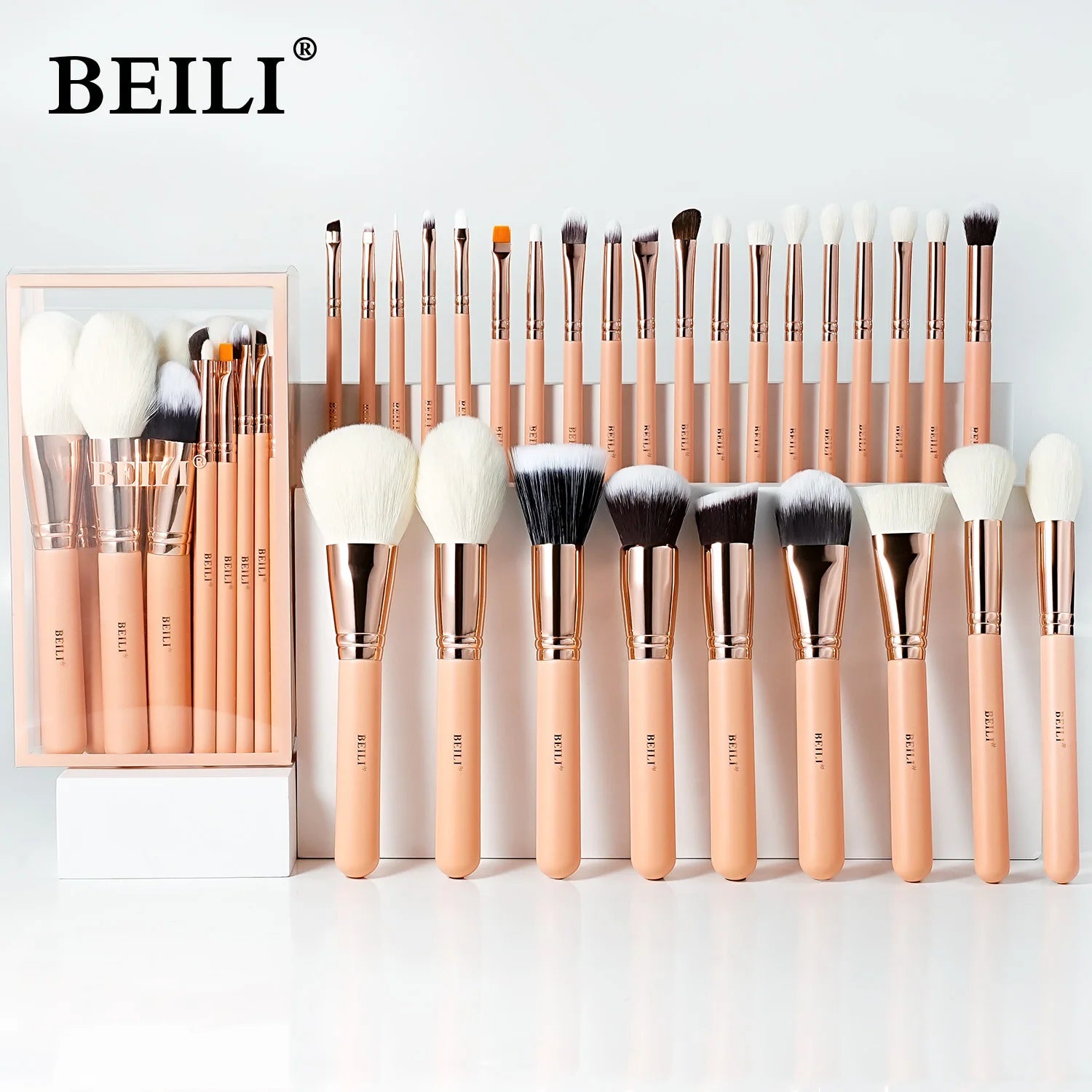 BEILI Professional Full Face Cheek Eyes Pink Wood Handle Makeup Brushes Synthetic Goat Hair Makeup Brush Set Private Label