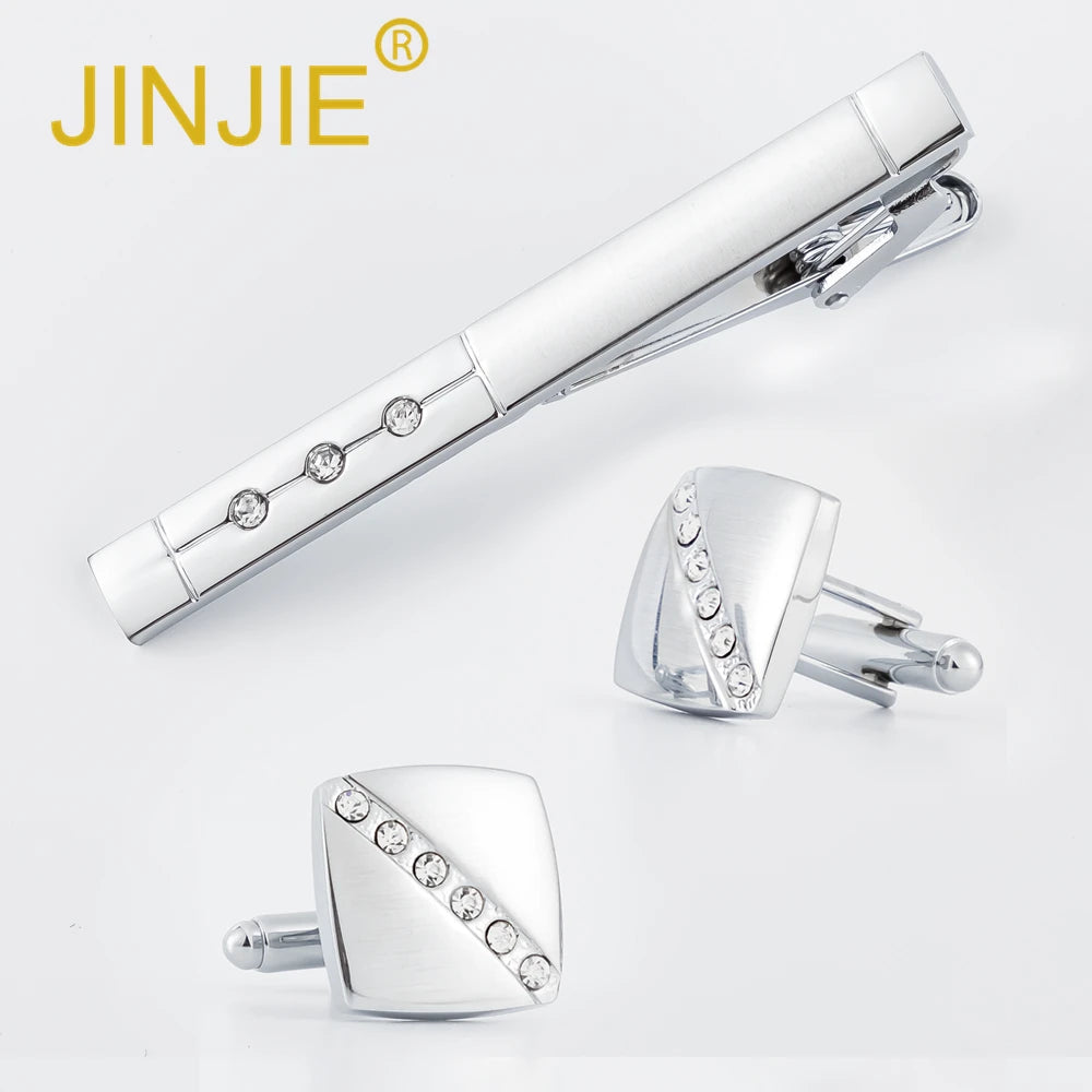 Factory Sock European and American Fashion Business Mens Diamond Silver Cufflink and Tie Clip Set