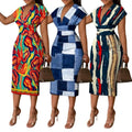 New Women Slim Bohemian Eco-Friendly Digital Printing Empire Waist V-neck Short Sleeve Pencil Midi Dress