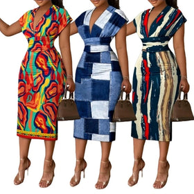 New Women Slim Bohemian Eco-Friendly Digital Printing Empire Waist V-neck Short Sleeve Pencil Midi Dress
