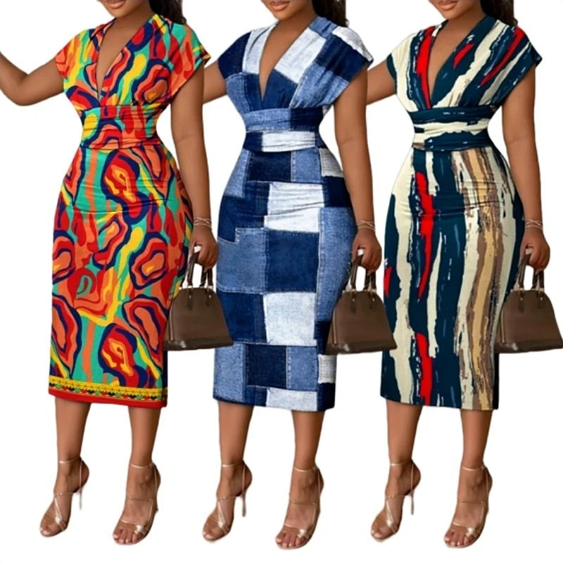 New Women Slim Bohemian Eco-Friendly Digital Printing Empire Waist V-neck Short Sleeve Pencil Midi Dress