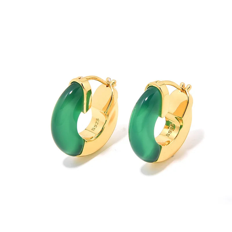 Fine Jewelry Natural Agate Earring 925 Sterling Silver Gemstone Hoop Earrings Women 18K Gold Plated Jewelry