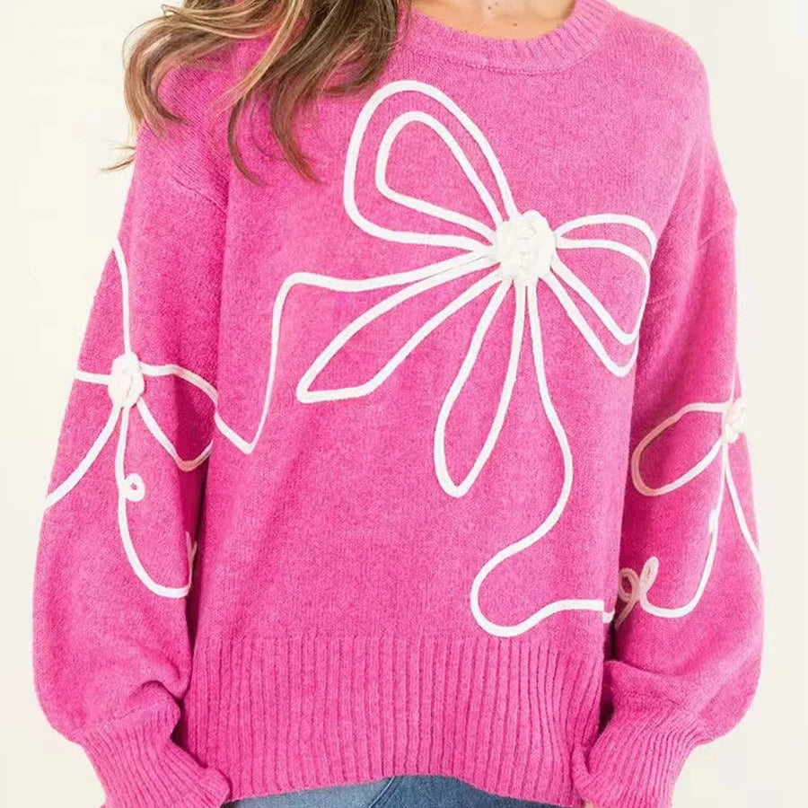 Women's Large-Size Autumn & Winter Knitted Sweater Flowers Pattern Long-Sleeved Crew-neck Casual Style for Europe & USA