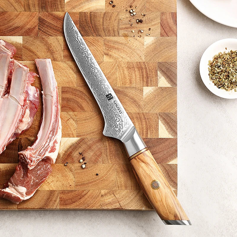 XINZUO Hot Sale Damascus Powder Steel Boning Knife Olive Wood Handle Professional Kitchen Knives