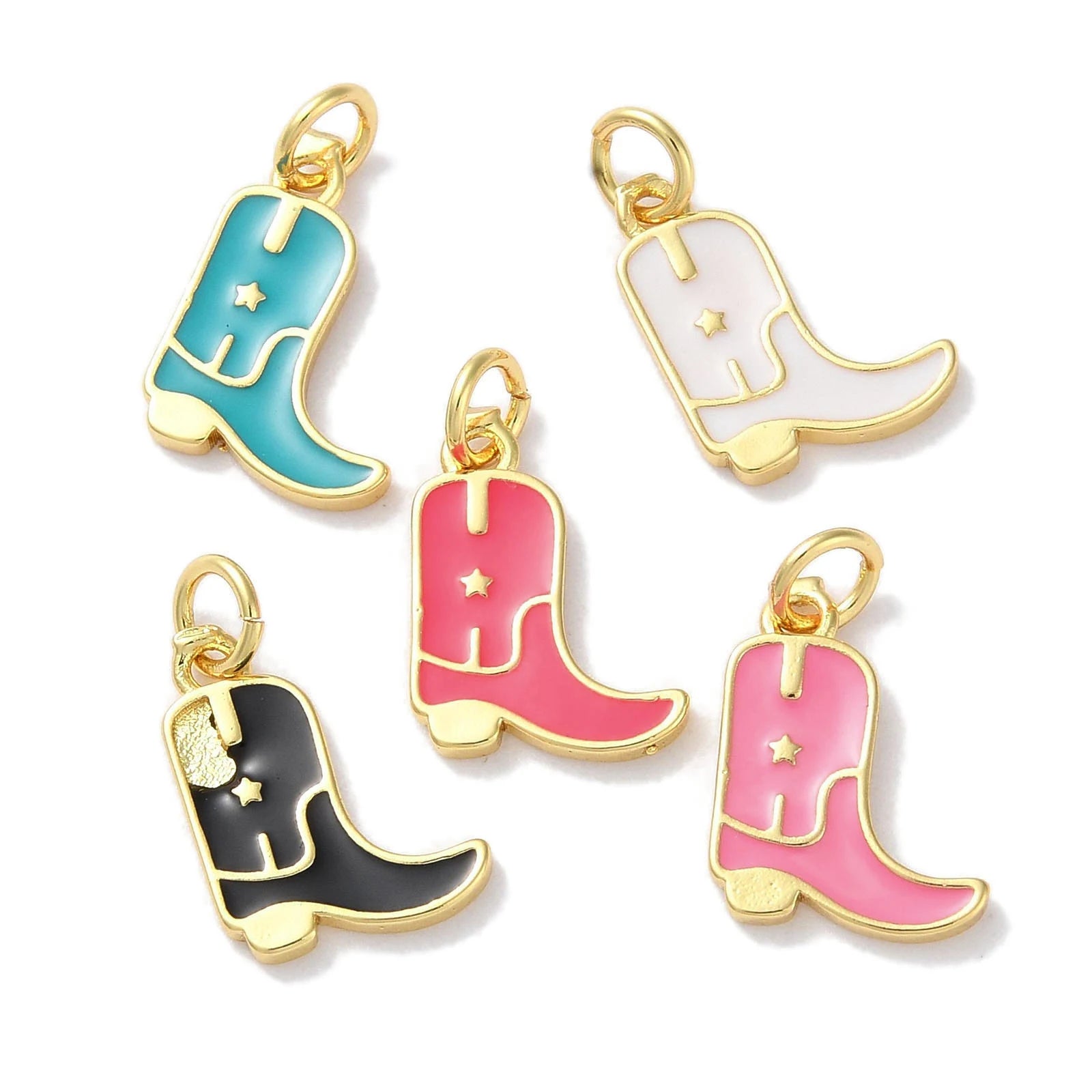 10 Pcs Mixed Color Rack Plated Brass Enamel Charms Real 18K Gold Plated Cowboy Boot Charm with Zircon Jump Ring