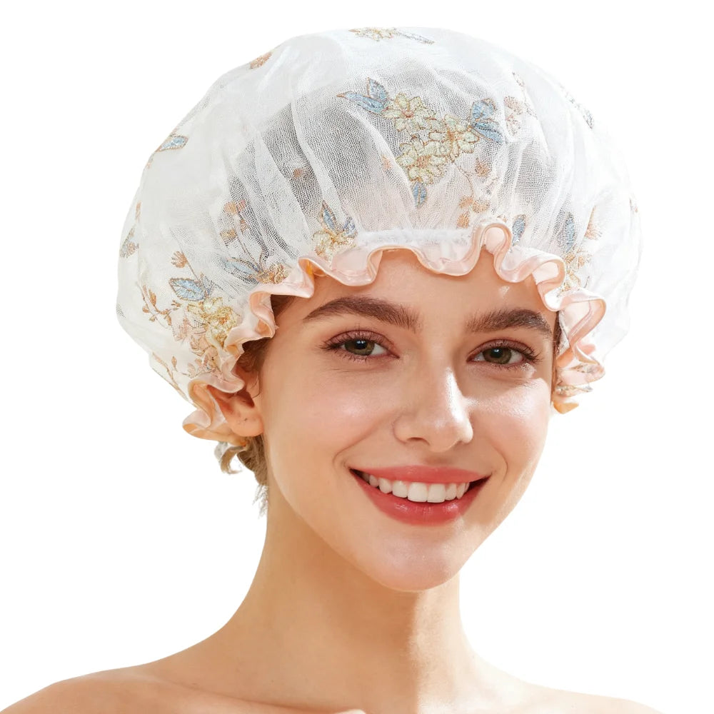 QINGYAN Custom Design Double Layer White Embroidered Shower Cap for Women with Long Hair Luxury Waterproof Reusable Sustainable