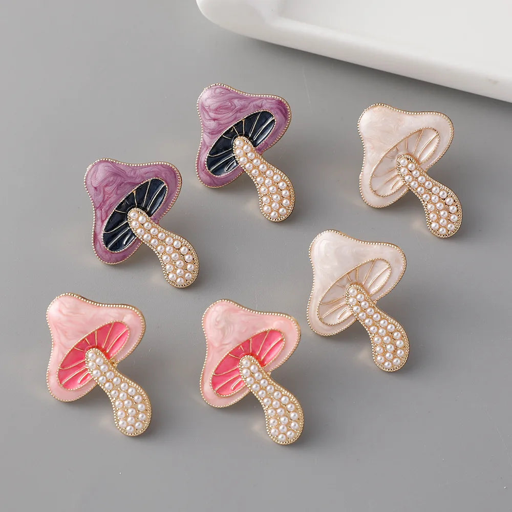 Creative Colored Enamel Plant Mushrooms Stud Earrings Faux Pearl Mushrooms Earrings for Women