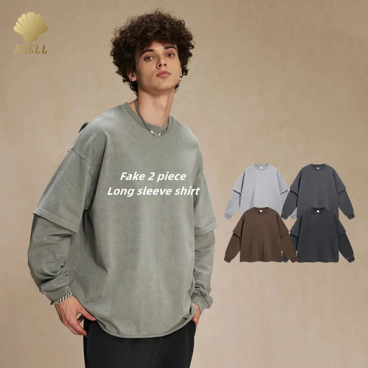 CNSHELL 345gsm Faked 2 Piece Long Sleeve Rib Cuff No Sewing Tapper up Hem Vintage Custom Acid Wash T Shirts