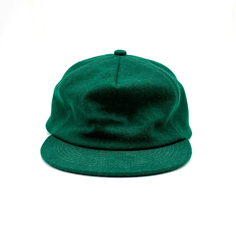 Custom Woolen 5-Panel Flat-Brimmed Baseball Cap Unstructured with Adjustable Leather Tail Buckle and Curved Rim