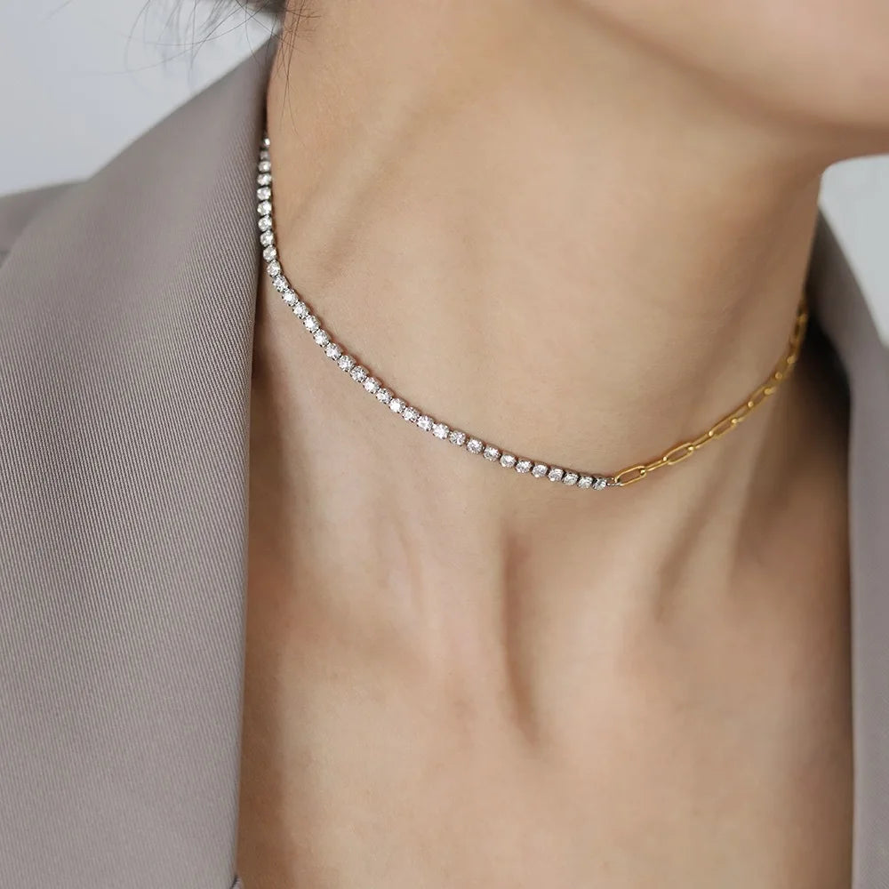 New Luxury Summer Choker Zircon Chain Necklace Stainless Steel Paper Clip Necklace Plated 18K Gold Necklace