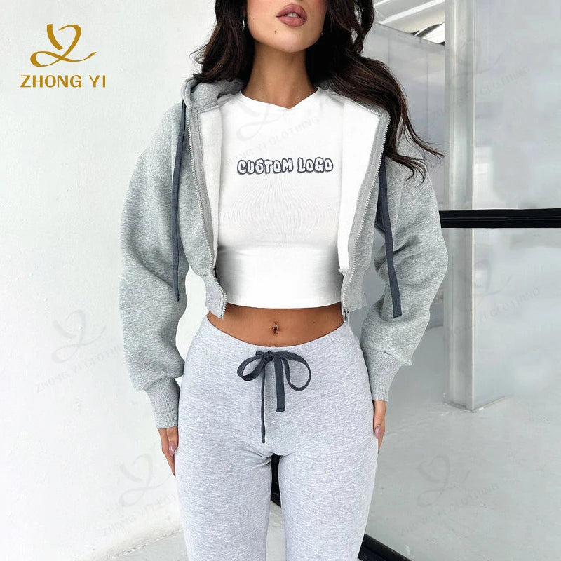 Wholesale 3 Piece Zipper Hoodie Set Lady Sweatpants and Hoodie Set Custom With Logo Zip up Hoodies and Sweat Pants Set for Women