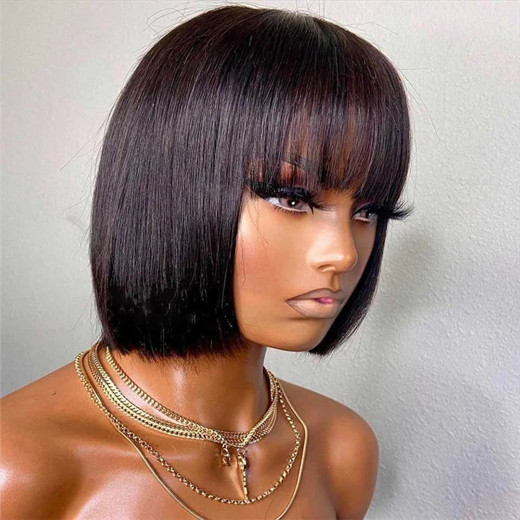 Wholesale Smooth Double Drawn Bob Wig With Bang 12inches Straight Colored Vietnamese Bob Wig Human Hair Lace Front Glueless MegaBDM