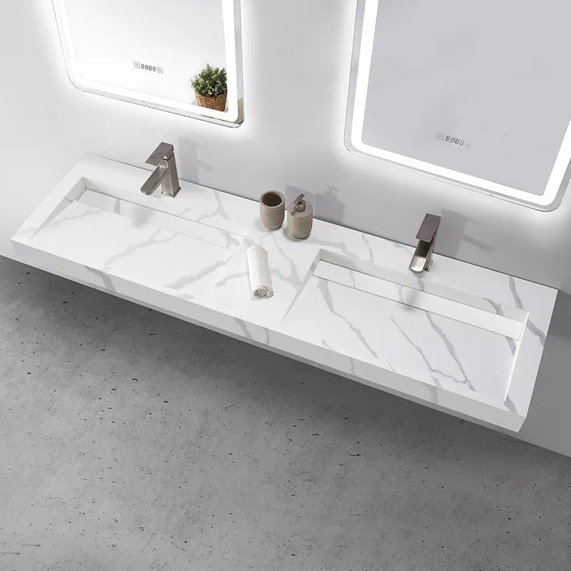 Luxury Modern Bathroom Basin Collection Wall-Hung Oval Vanity Set with Solid Top High Quality Stone Sink and Drainer