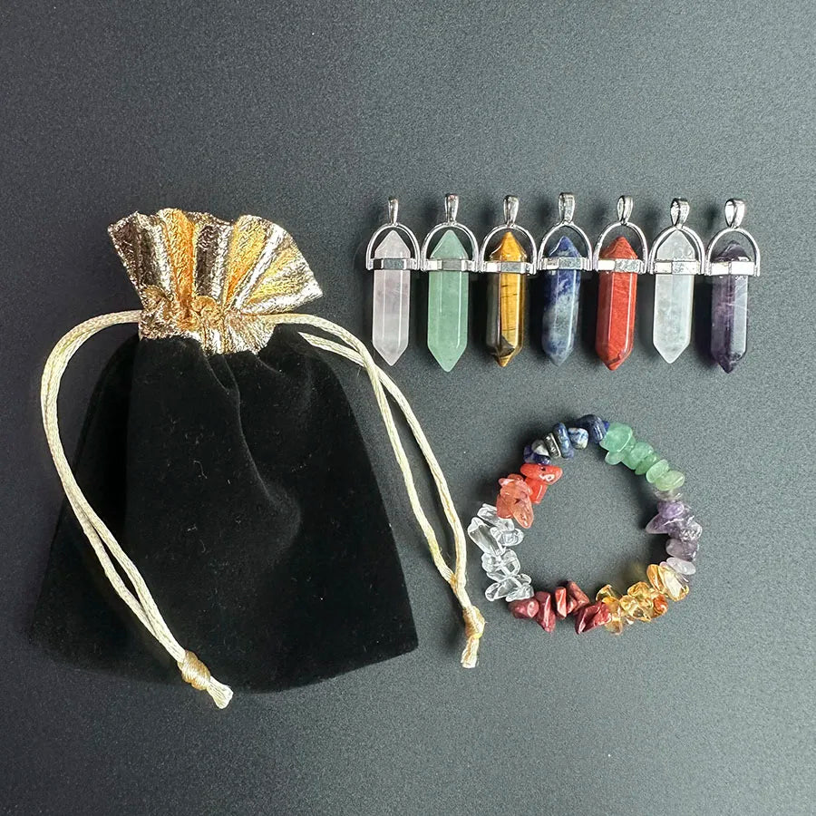 7 Chakra Natural Crystal Bracelet Pendant Set Healing Crystal Stone Yoga Chakra Chakra Bracelet Set with Rope