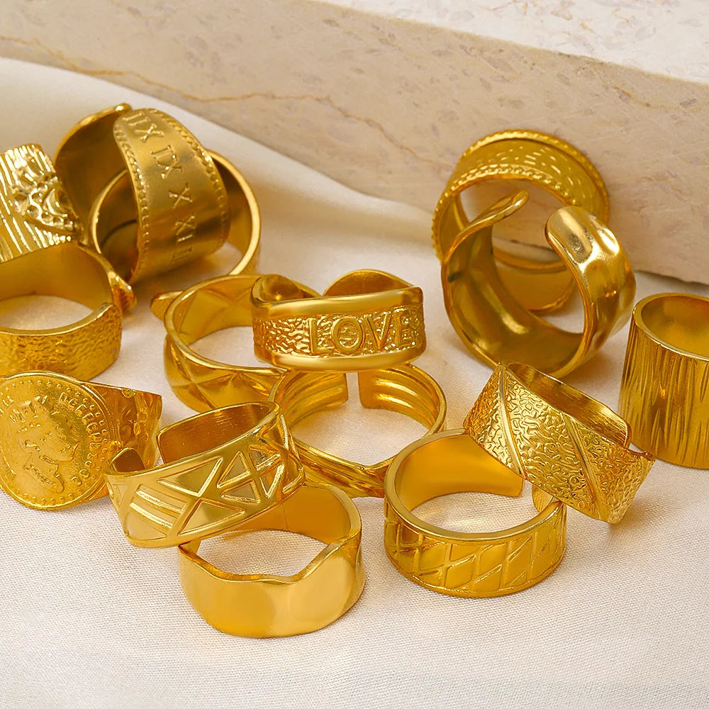 Hot Sale Women Jewelry Geometric Width Chunky Stainless Steel Couple Ring  Multi Gold Plated Vintage Bulk Open Finger Rings