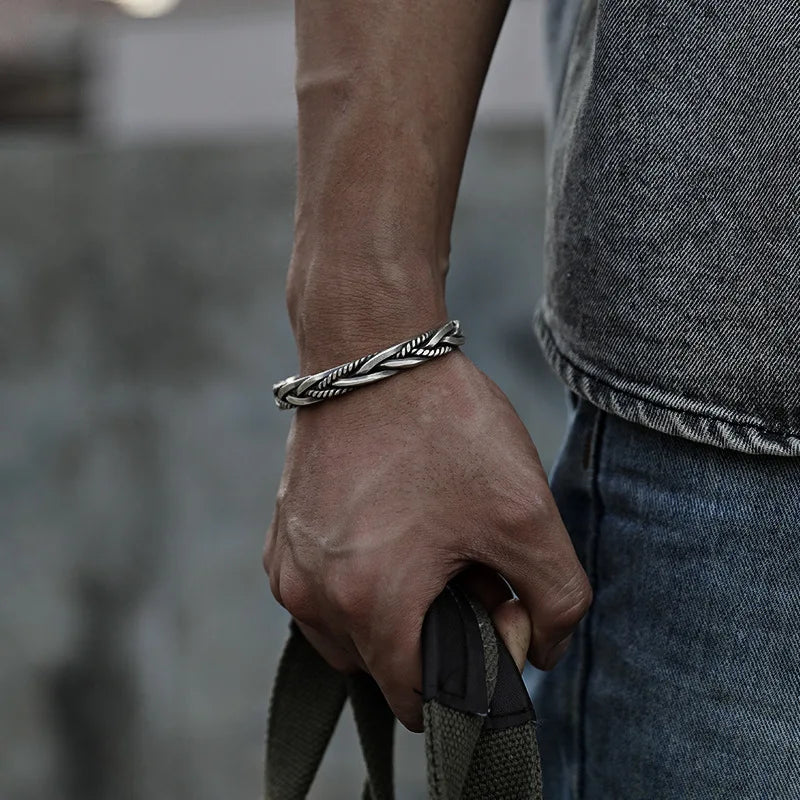 Silver Twisted Woven Bangle Neutral Retro Thai Original Handmade Exquisite Unique Opening Cuff Man Bracelet