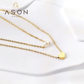 Ason Double Layer Chain Charm Jewelry Pendant Pearl 18K Gold Plated Necklace Stainless Steel Love Heart Necklace for Women