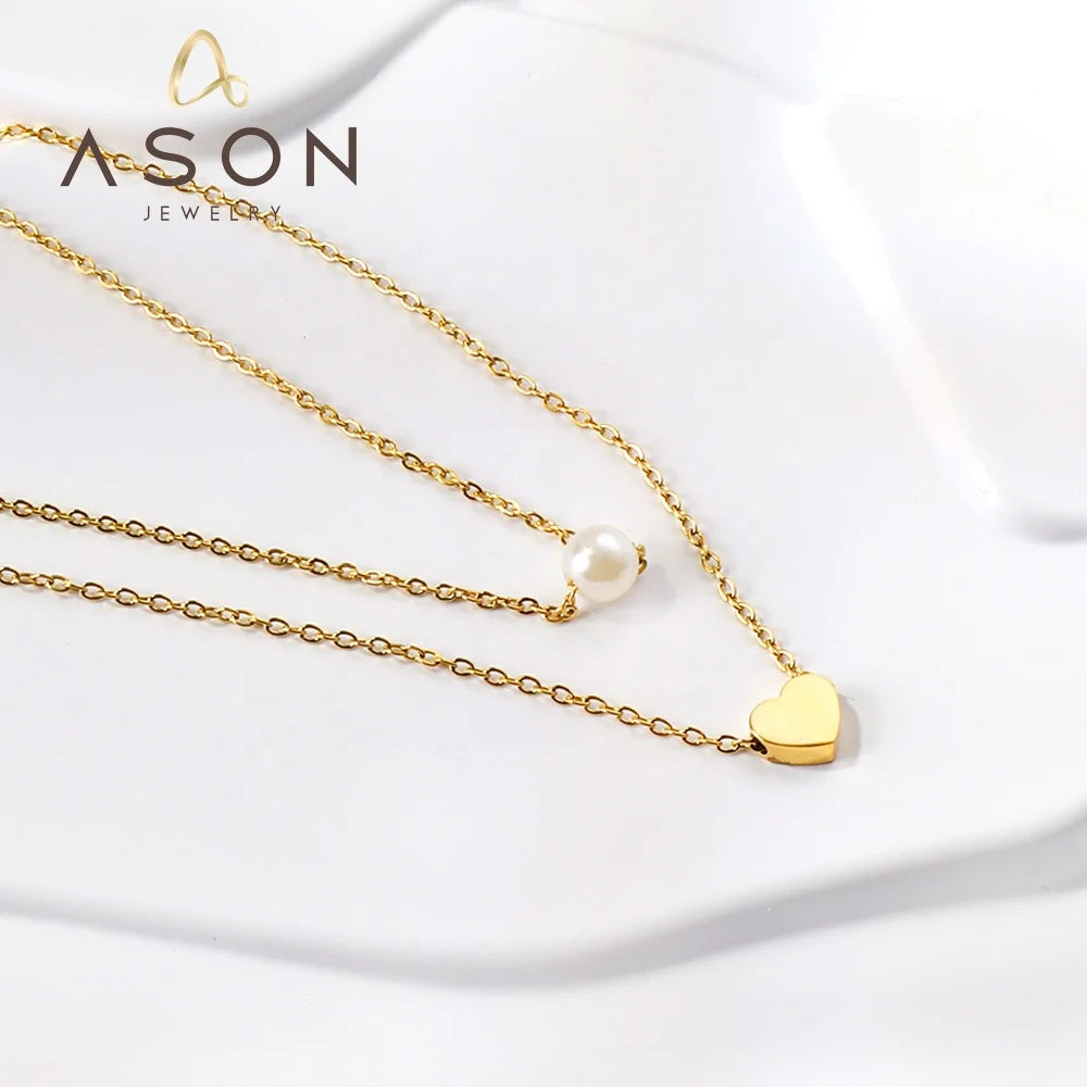 Ason Double Layer Chain Charm Jewelry Pendant Pearl 18K Gold Plated Necklace Stainless Steel Love Heart Necklace for Women