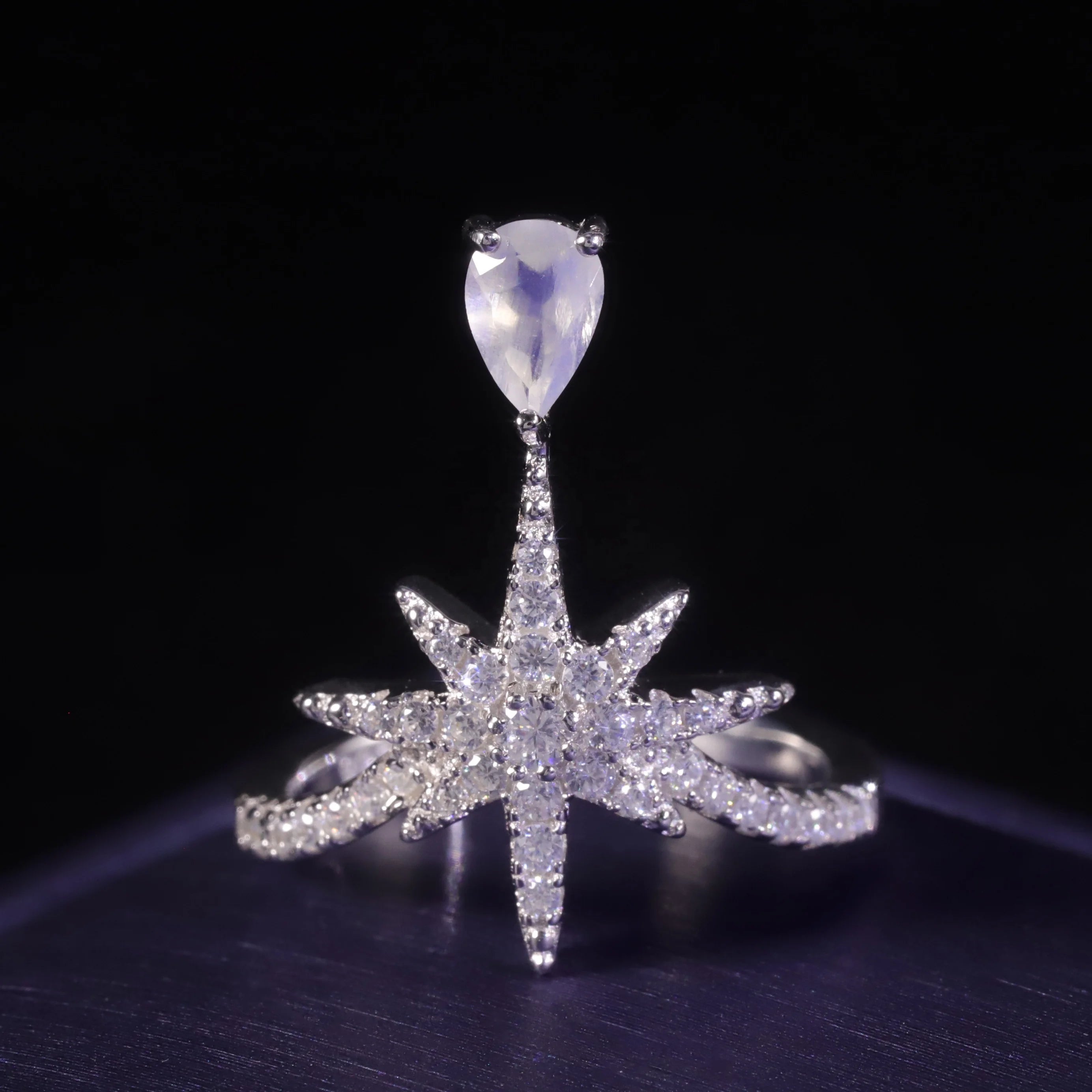 C8150 Abiding Trendy Iced Out Cubic Zirconia Shining Octagram Star 925 Sterling Silver Wedding Ring with Moonstone Gemstone
