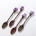 Retro Natural Healing Crystal Handmade Amethyst Rose Quartz Heart Alloy Gold Spoon Drinking Tea and Coffee Spoon Set for Gift
