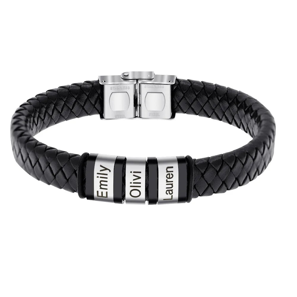 Wholesale Leather Bracelet Stainless Steel Engraved Name Men'S Leather Rope Bracelet Father'S Day Gift for Men