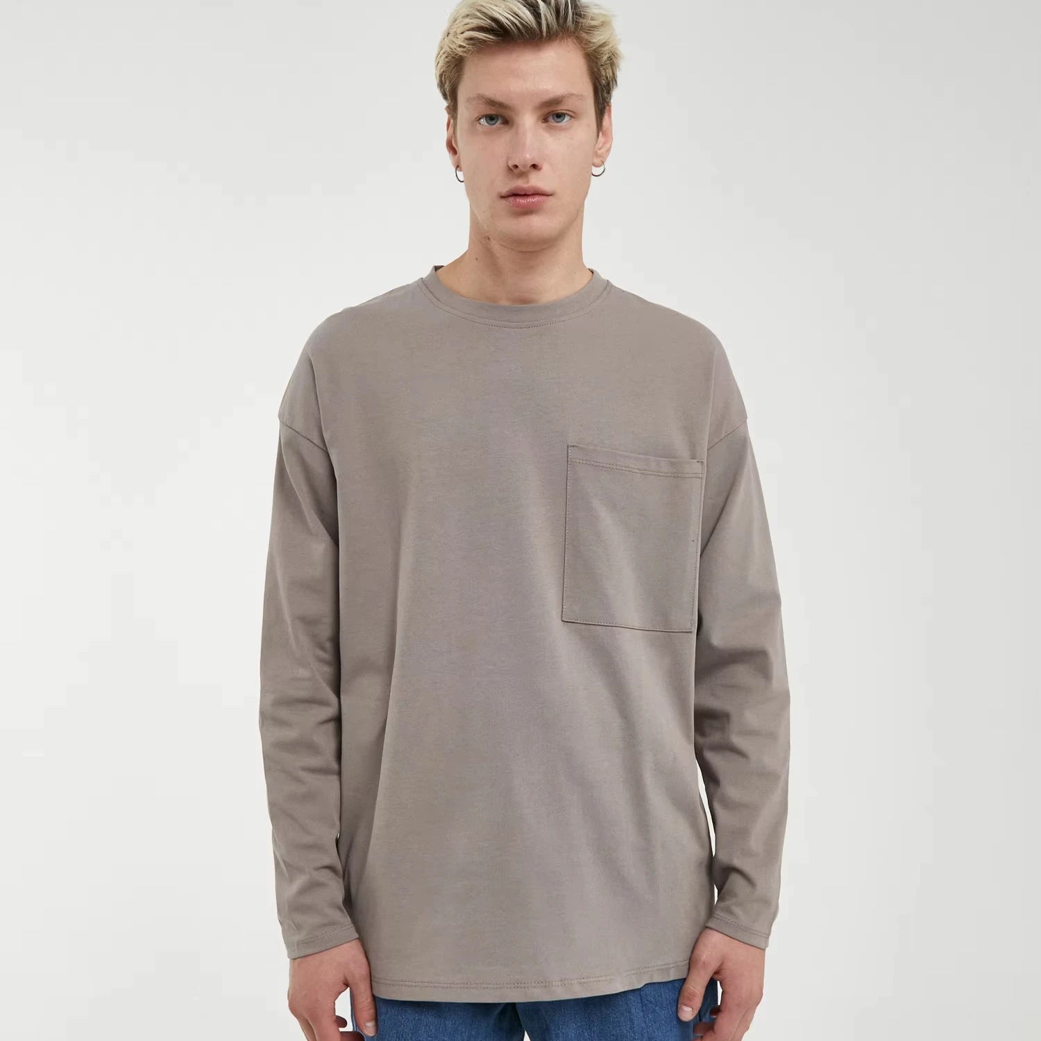 Men's WHITE DOVE Print 100% Cotton Casual Breathable High-waisted Oversized Long-Sleeved T-Shirt with Pocket