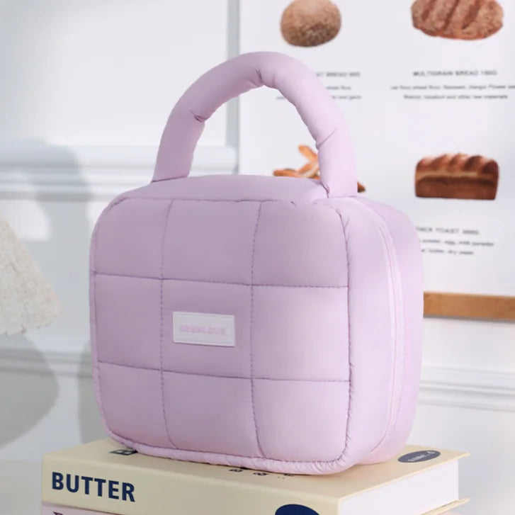 Small Puffy Toiletry Bag for Women Lightweight Puffer Cosmetic Makeup Pouch Bag Organizer with Handle