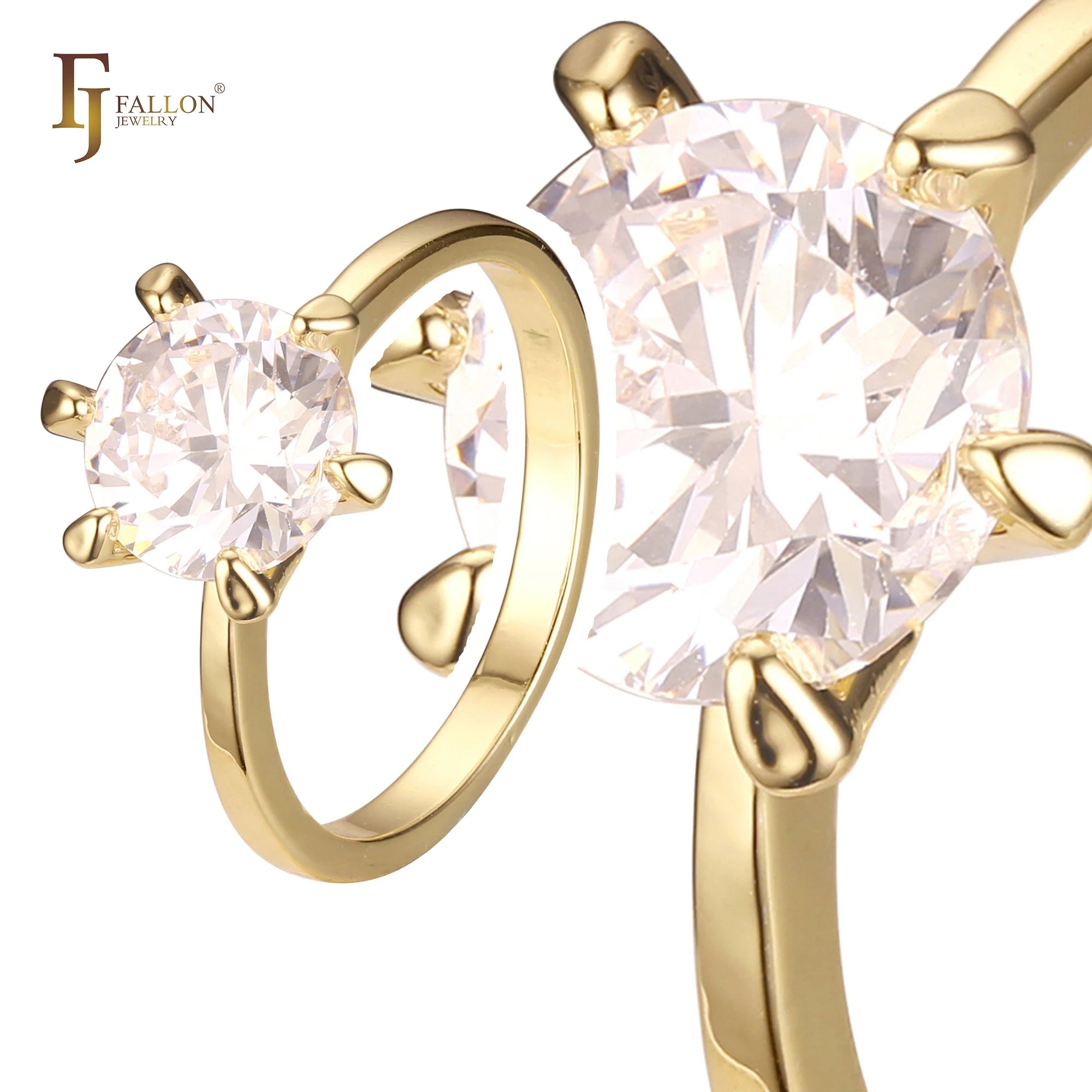 FJ Fallon Fashion Jewelry Solitaire Big Round CZ Plain Design Rings Plated in 14K Gold Brass Based