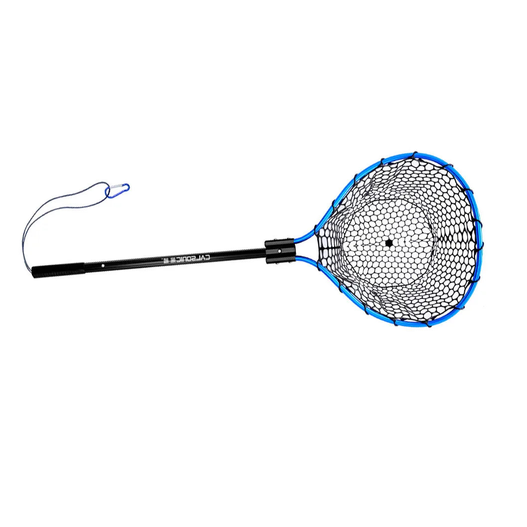 Large Folding Landing Net with Collapsible Aluminum Pole Handle Blue Bubble Rubber Durable Hand Fishing Net