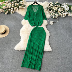 Korean 2 Piece Set for Women Top and High Waist Knitted Skirts Set Clothing Wholesale
